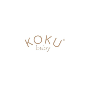 Logo de la marca KOKU baby en color beige sobre un fondo blanco cuadrado. La palabra KOKU aparece en mayúsculas con una tipografía redondeada y estilizada, con la palabra baby debajo en una fuente más pequeña y sencilla.