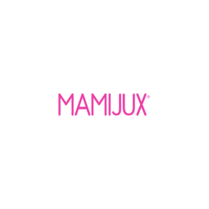 Logotipo de la marca “mamijux” en rosa sobre un fondo blanco, con tipografía estilizada.
