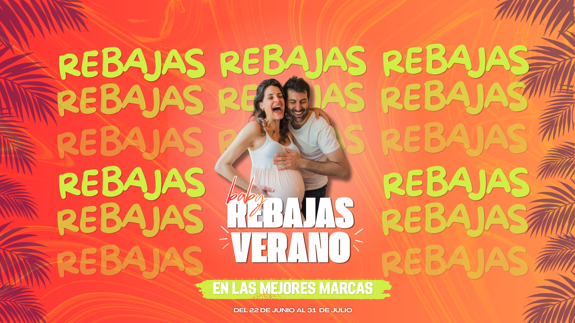 rebajas-bebe-verano-2026-pc (1) Banner de Rebajas de Verano en Muabebé con pareja embarazada y texto "Baby Rebajas Verano en las mejores marcas