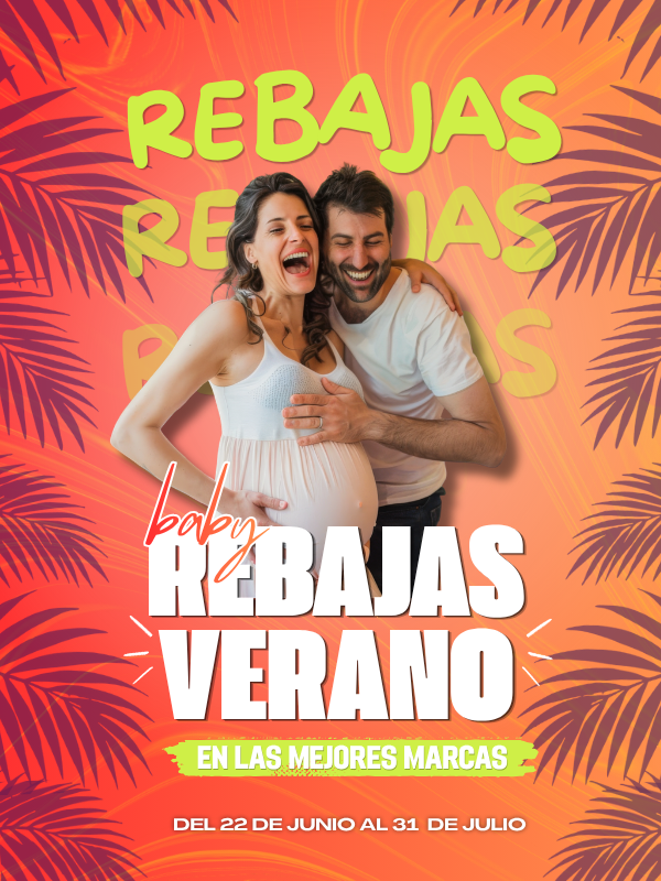 rebajas-bebe-verano-2026-pc (2) Banner vertical para móvil de las Baby Rebajas de Verano en Muabebé con una pareja embarazada y descuentos en las mejores marcas